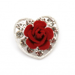 Метална брошка с кристали и червена роза сърце