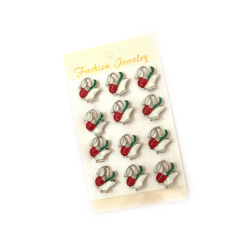 Metal brooch with painted design, 25x23 mm, featuring a basket with a snowdrop and ladybug, silver color - 12 pieces