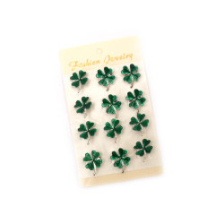 Metal brooch with paint, 25x20 mm, featuring a clover, color silver - 12 pieces