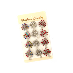 Metal brooch with crystals, 30x25 mm, in wood silver color - set of 12 pieces