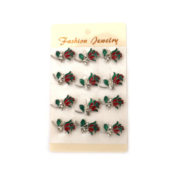 Μεταλλική καρφίτσα με κρύσταλλο και σμάλτο 30x20 mm – σχέδιο τριαντάφυλλο σε χρώμα ασημί, σετ 12 τεμαχίων για δώρα, αξεσουάρ και κομψές διακοσμήσεις χειροτεχνίας