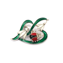 Metal brooch with paint, 45x30 mm, snowdrop with ladybug, silver color