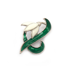 Metal brooch with paint, 41x29 mm, snowdrop, color silver