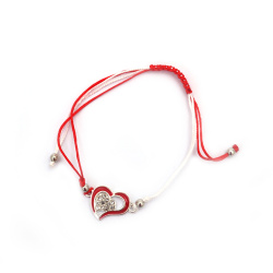 Textile Martenitsa Bracelet with a Metal Heart Charm with Crystals - 10 pieces