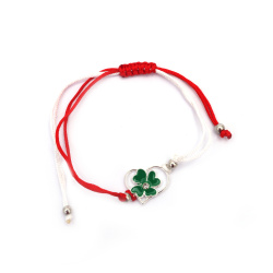 Textile Martenitsa Bracelet with Metal Charm - Heart with Clover and Crystal - 10 pieces