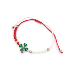 Textile Martenitsa Bracelet with Metal Charm - Clover with Ladybug and Acrylic Beads - 10 pieces