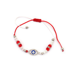 Textile Martenitsa Bracelet with Metal Charm - Blue Eye with Crystals and Acrylic Beads - 10 pieces