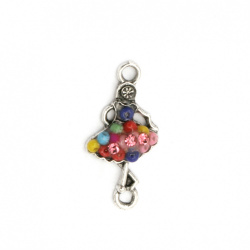 Metal Connector with Colored Crystals and Beads / Ballerina /  24x12x5 mm, Holes: 2 mm / Silver - 2 pieces