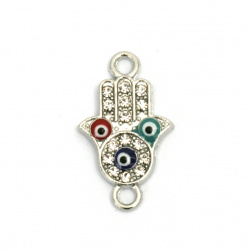 Metal Connecting Charm with Rhinestones / The Hand of Fatima with Eyes / 24x14x3 mm, Holes: 1.5 mm / Silver - 2 pieces