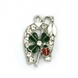 Metal Pendant with Crystals /  Horseshoe with Snowdrop and Clover / 27x18x6 mm, Holes: 2 mm / Silver - 2 pieces