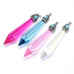 Glass pendant metal crystals synthetic turquoise 85x18 mm hole 5x3 mm, assorted
