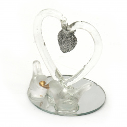Стъклена фигурка сърце с гълъби сребърен брокат 4.5 см