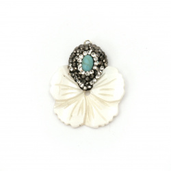Pendant mother of pearl flower with polymer, crystals and turquoise 28x25x3 mm hole 1 mm