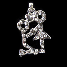 Metal Pendant with Crystals / Boy and Girl / 22x32 mm / Silver