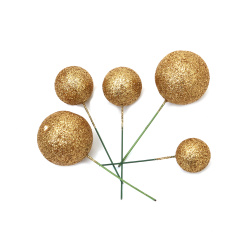 Set of Styrofoam Balls with Wire Base, 20x38 mm, Gold Color with Glitter - 20 pieces