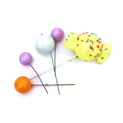 Glitter Mixed Styrofoam Balls 19x25x29 mm (13 pcs) and Candies 67x40 mm (2 pcs) with Wire Base – Perfect for Festive Decorations, Floral Arrangements and Creative Crafts