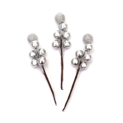 Creangă cu bile de paie pentru decor 100x25 mm culoare argintie - 12 bucăți