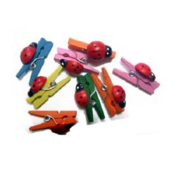 3x25 mm Wooden Decorative Clamps with ladybird colored -20 pieces