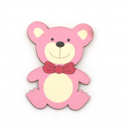 Αρκουδάκι ξύλινο διακοσμητικό με αυτοκόλλητο 38x29 mm ροζ -10 τεμάχια