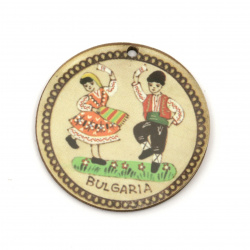 Plywood Round Pendant / Traditional Dancers / 40x2 mm,  Hole: 2 mm - 10 pieces