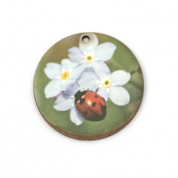 Printed Round Plywood Charm,  Flowers with Ladybug / 35x2 mm,  Hole: 2 mm - 10 pieces