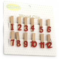 Wooden clips 9x35 mm with numbers - 12 pieces