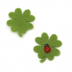 Clover made of felt with ladybug, 45x40 mm - 10 pieces