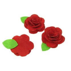 Rose with felt leaf  DIY Decoration 44x35 mm red -5 pieces