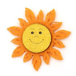 Sun made of wood and felt with glue, 38 mm, painted smiley - 10 pieces