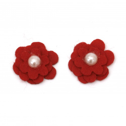Flower from felt with pearl for embellishment of tiaras, hairpins 20x20 mm  red -10 pieces