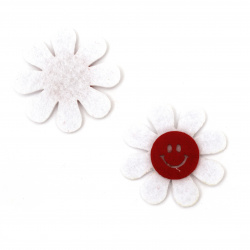 Felt Flower with Smile, 45 mm, White with Red - 10 Pieces