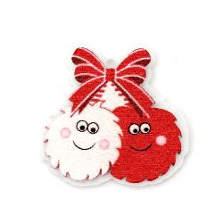 Martenitsa Pom-Pom Pendant, Wood and Felt with Adhesive, 40x40 mm, Hole 1.5 mm - 10 Pieces