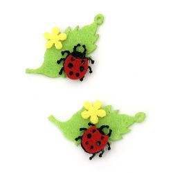 Pendant leaf with ladybug Felt Embellishment DIY Scrapbooking 36x22x5 mm hole 1 mm -10 pieces