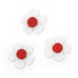 Delicate flower from felt 25x2 mm white with red -10 pieces