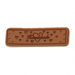 Faux leather element for decoration with tiny hearts 50x15x1.2 mm hole 1 mm with inscription "Handmade" color brown - 10 pieces
