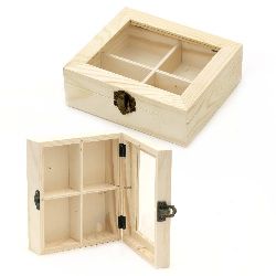 Wooden box with window and matal clasp 150x130x50 mm 4 divisions