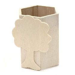 Wood pencil holder 80x70x100 mm with decoration white