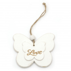 Pandantiv fluture din lemn 100x88x7 mm cu inscripție LOVE white -1 bucată