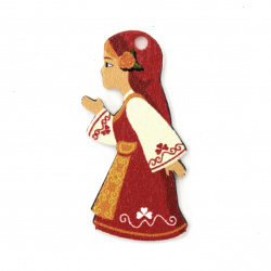 Wood Pendant for Crafts and Decoration, Girl with Traditional Dress / 40x20x2 mm, Hole: 2 mm - 10 pieces
