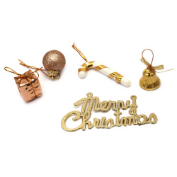 Set decorațiuni de Crăciun, cadou, clopoțel, bile, bast de mers și inscripția Crăciun Fericit - 14 bucăți