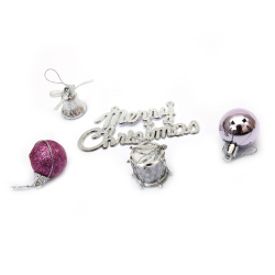Set of Christmas Decoration: Bell, Balls, Drum and The Inscription Merry Christmas - 14 pieces