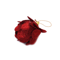 Decor de Craciun floare 80 mm culoare rosu cu brocart - 3 bucati