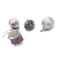 Комплект коледна украса топки шишарки и барабан 20 мм цвят лилав и сребро -20 броя