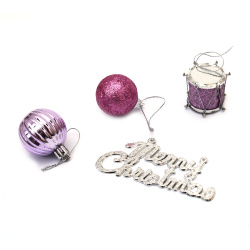 Set of Christmas Decoration - Balls, Drum: 30 mm and Merry Christmas Inscription / Purple Color with Glitter - 13 pieces