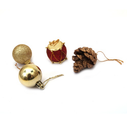 Set of Christmas Tree Decoration:  Balls, Pine Cones and Drum / 30 mm / Red and Gold - 24 pieces