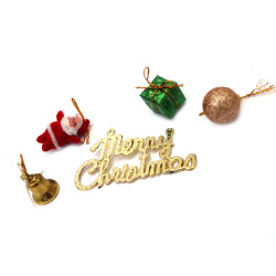 Set of Christmas Ornaments: Gifts, Bells, Santa Claus and Merry Christmas Inscription / 20 mm  - 14 pieces