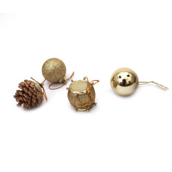 Set of Christmas Decoration: Balls, Pine Cones and Drum / 30 mm /  Gold Color - 24 pieces