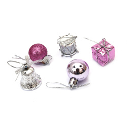 Set of Christmas Decoration: Balls,  Gifts, Bells and Drums / 20 mm /  Purple and Silver Color - 18 pieces
