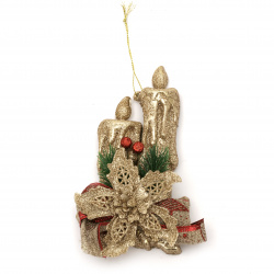 Коледна декорация имитация свещи с брокат цвят злато и панделка зебло