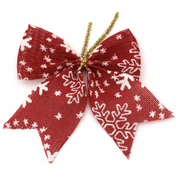 Christmas Decoration  Burlap Ribbon Bow   110x130 mm with brocade print, red - 3 pieces